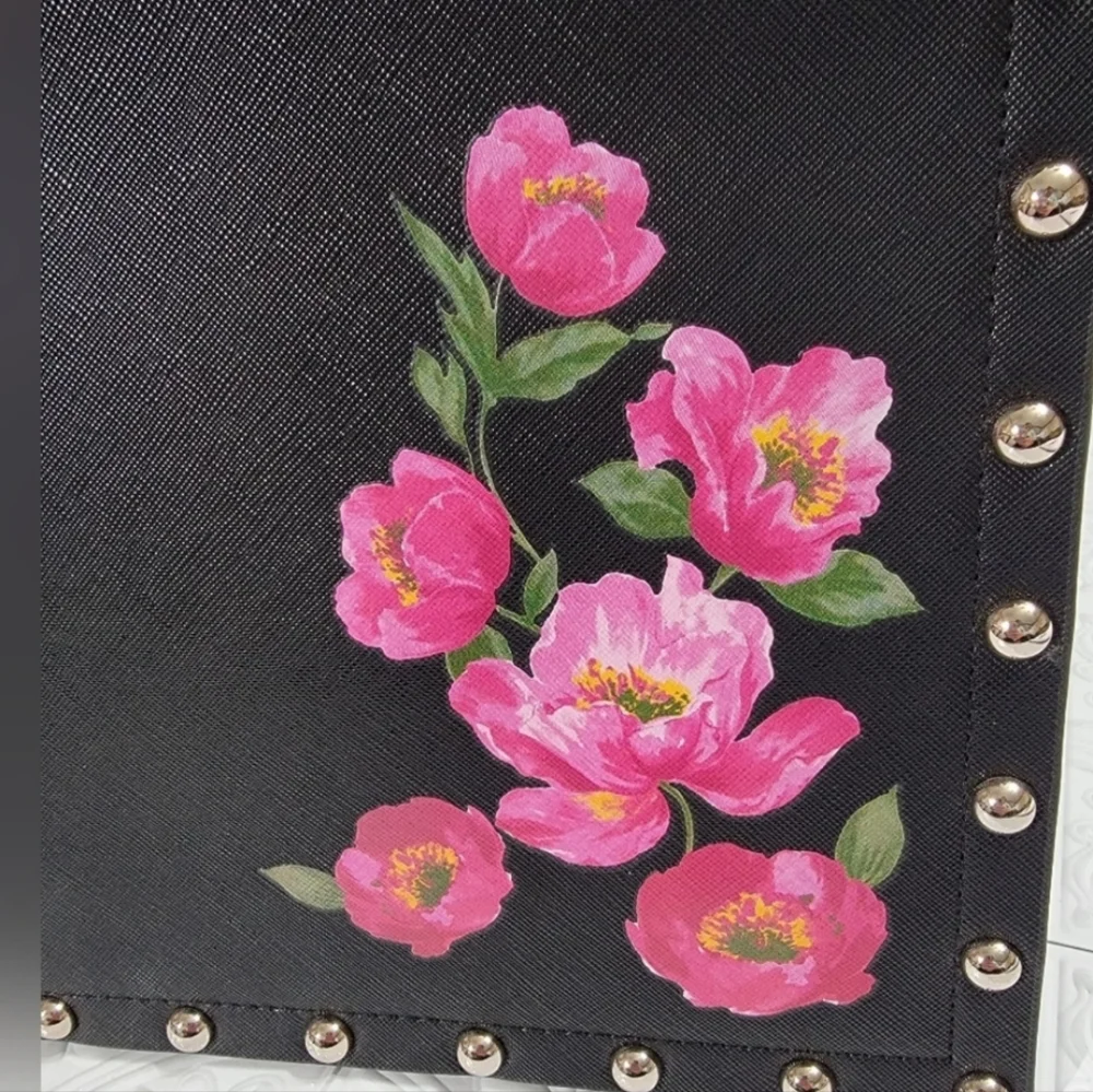 #473- WHBM- Pink and Black Floral Studded Faux Leather Wristlet